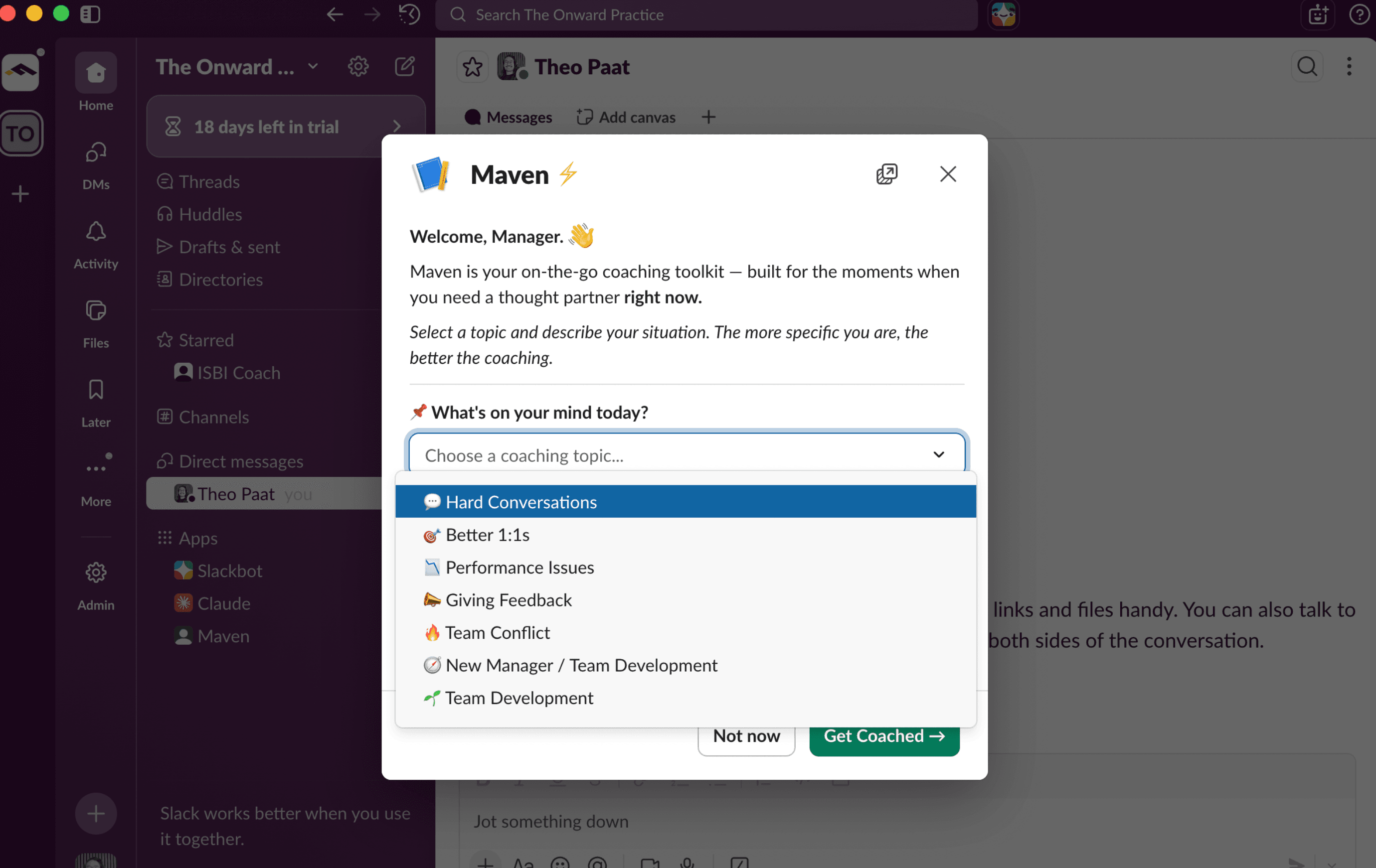 Maven Slack coaching agent showing coaching topic selector with options like Hard Conversations, Better 1:1s, Performance Issues, and Giving Feedback